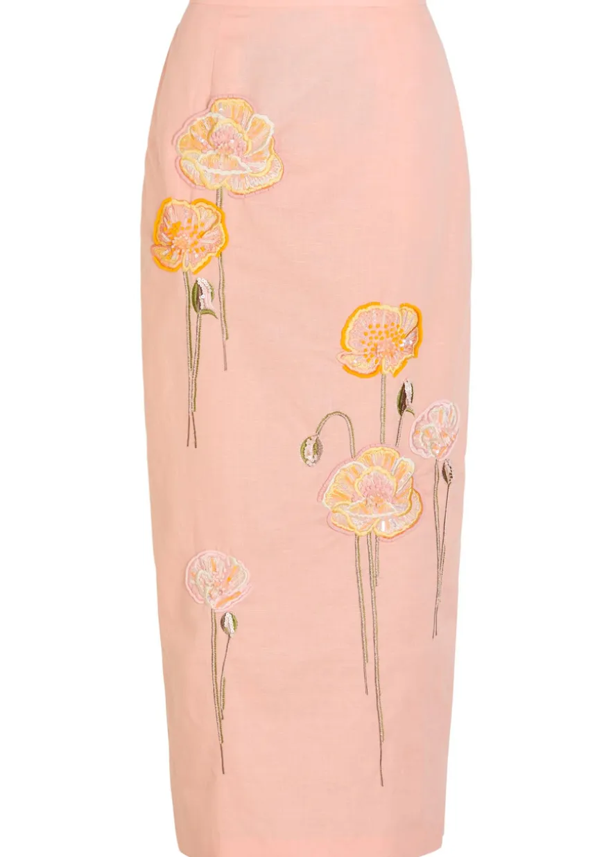 Norma floral-embroidered cotton and linen-blend midi skirt