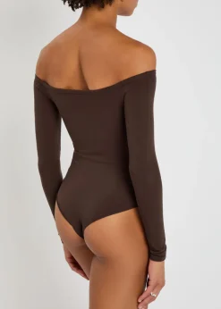 Off-the-shoulder stretch-nylon bodysuit