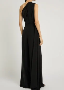 One shoulder draped mesh jumpsuit
