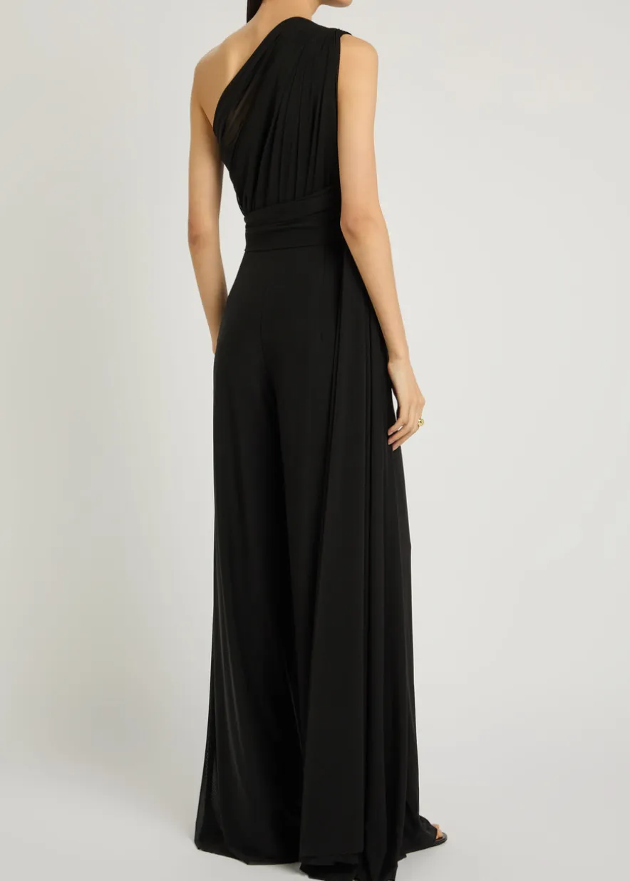 One shoulder draped mesh jumpsuit