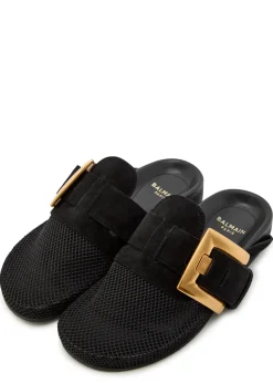 Oversized buckle suede mules