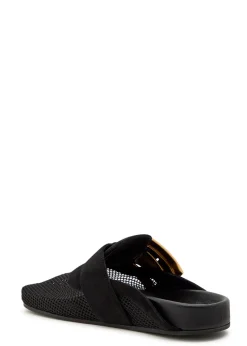 Oversized buckle suede mules