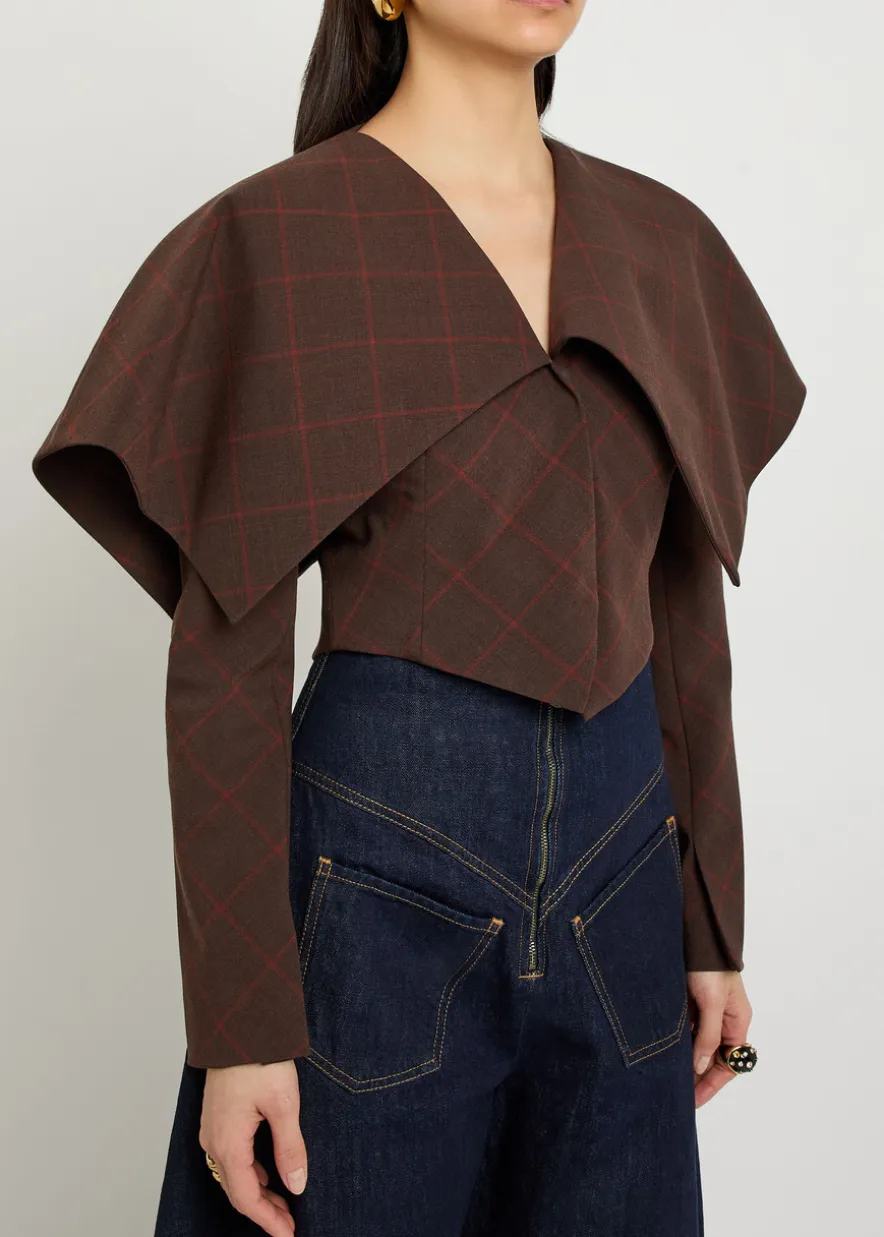 Oversized-collar checked cropped jacket