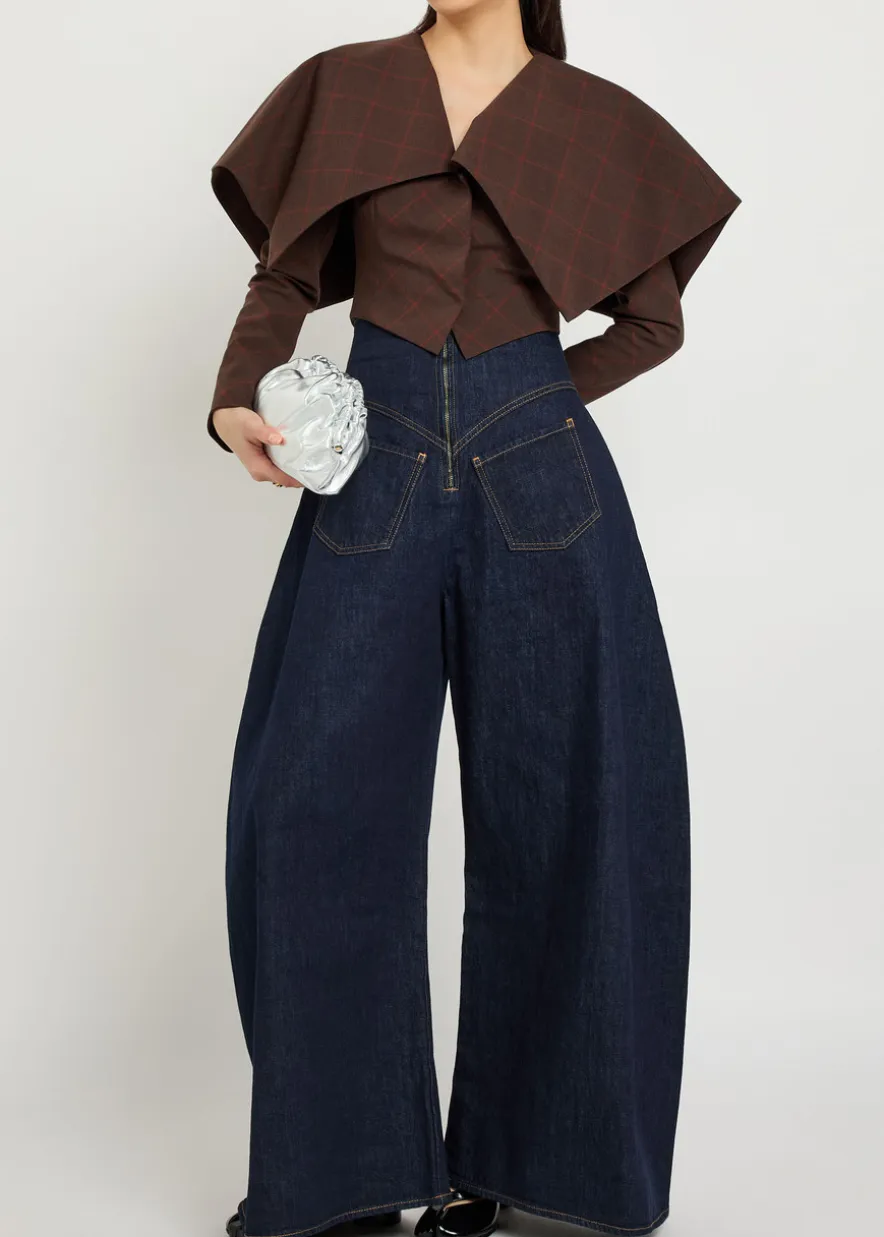 Oversized-collar checked cropped jacket