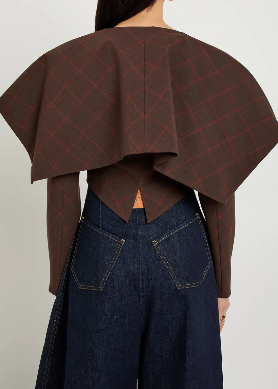Oversized-collar checked cropped jacket