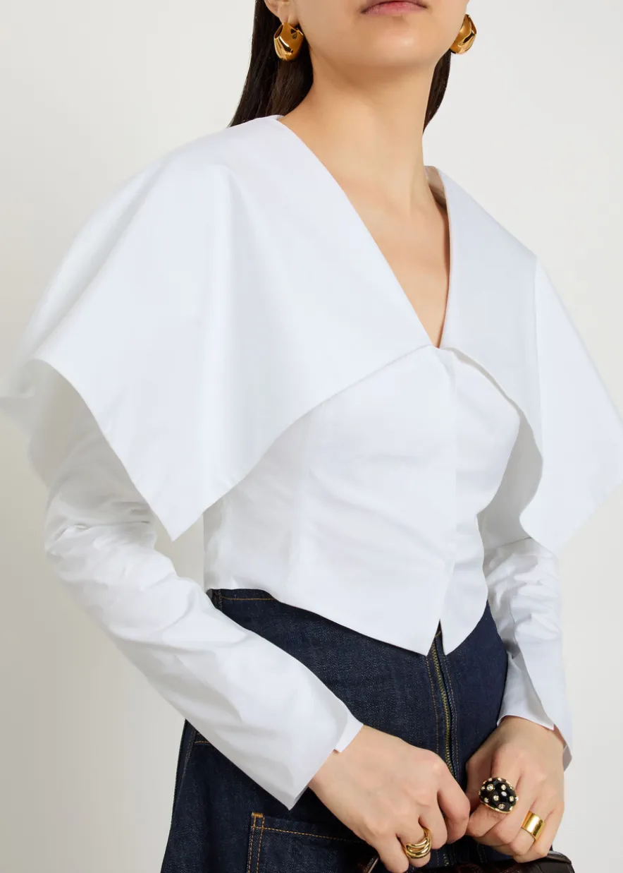 Oversized-collar cropped cotton-blend jacket