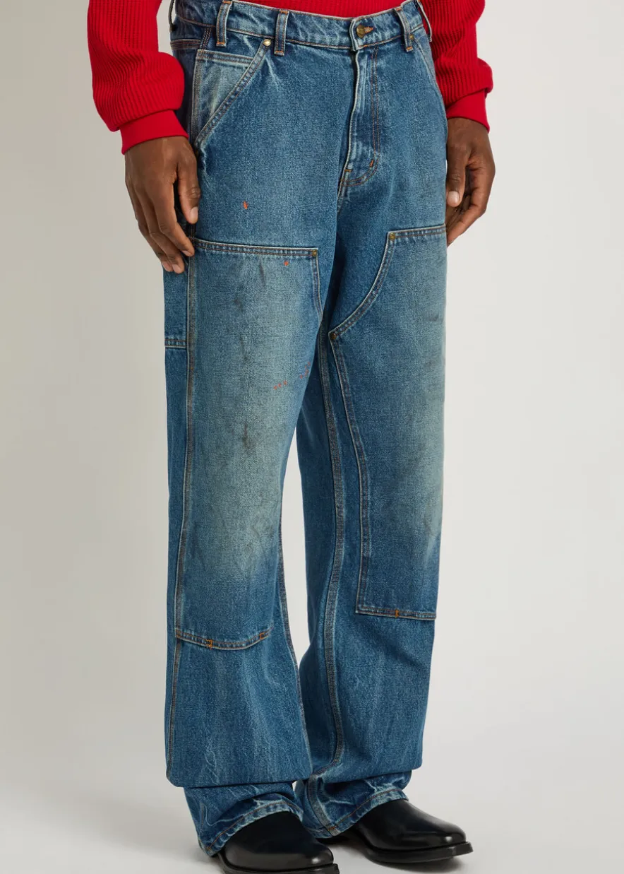 Paint-effect washed wide-leg jeans