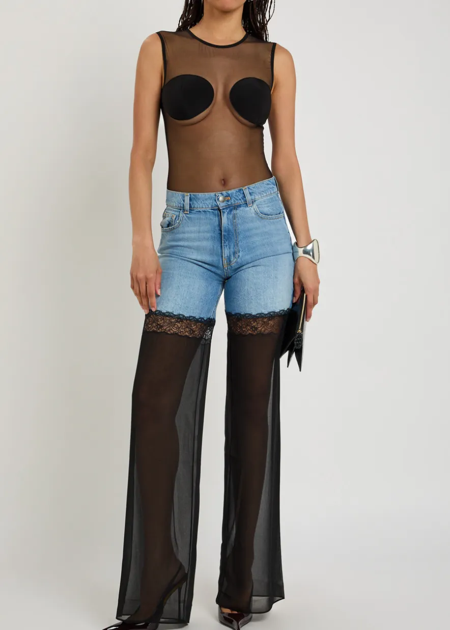Panelled lace-trim wide-leg jeans