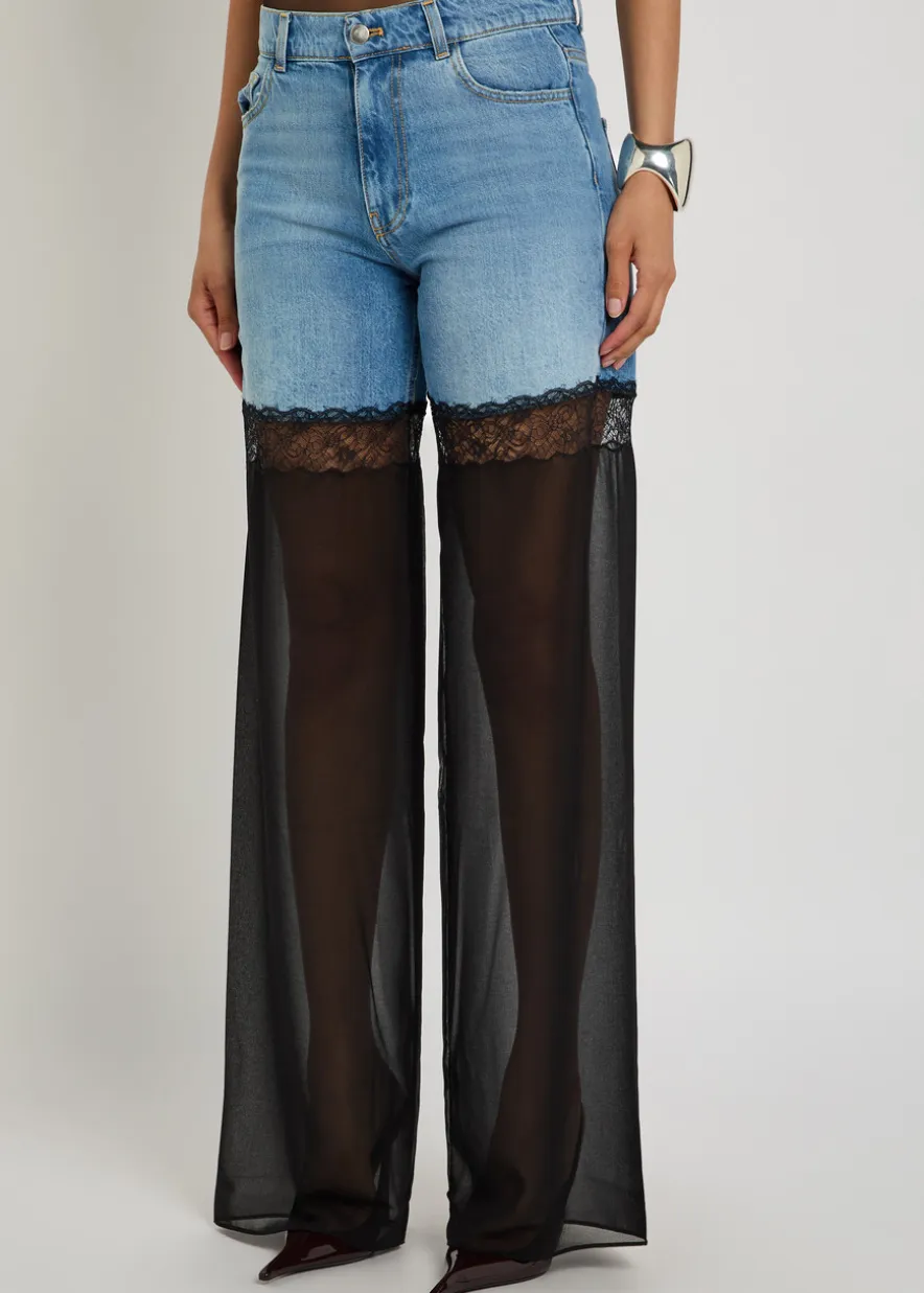 Panelled lace-trim wide-leg jeans