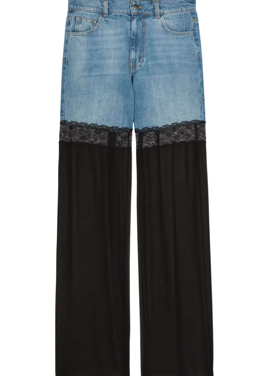 Panelled lace-trim wide-leg jeans