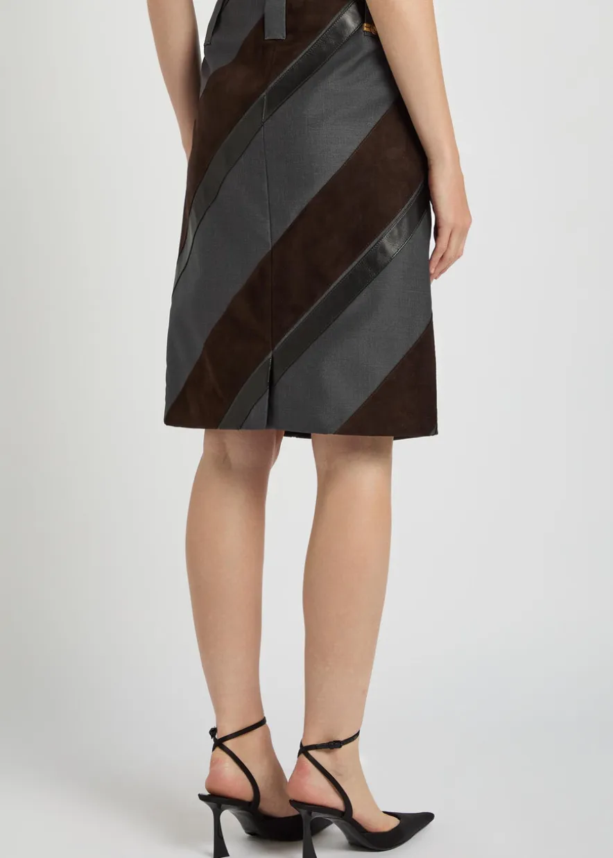 Panelled leather and mohair-blend knee-length skirt