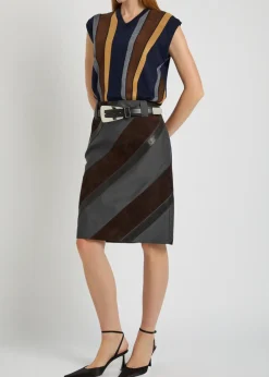 Panelled leather and mohair-blend knee-length skirt