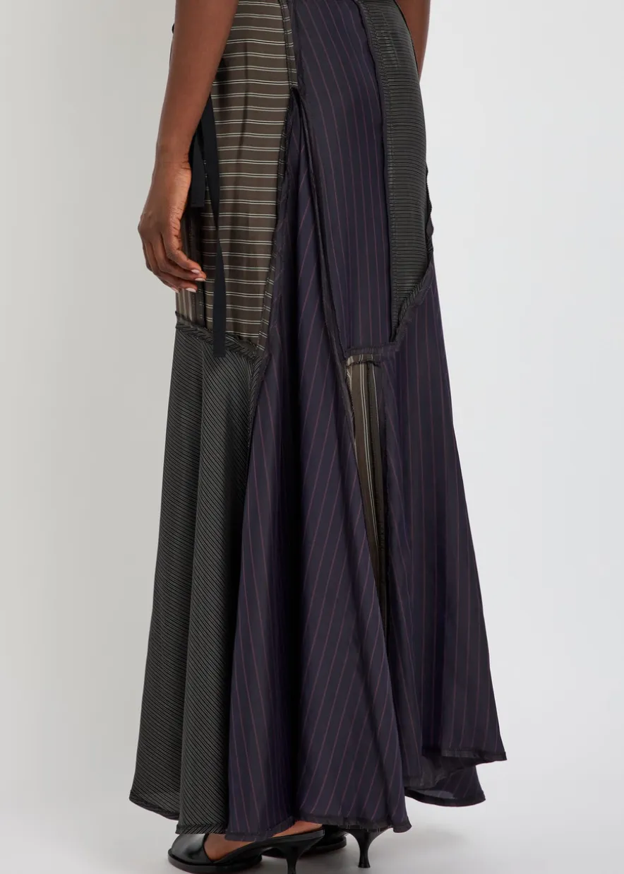 Panelled striped satin midi skirt