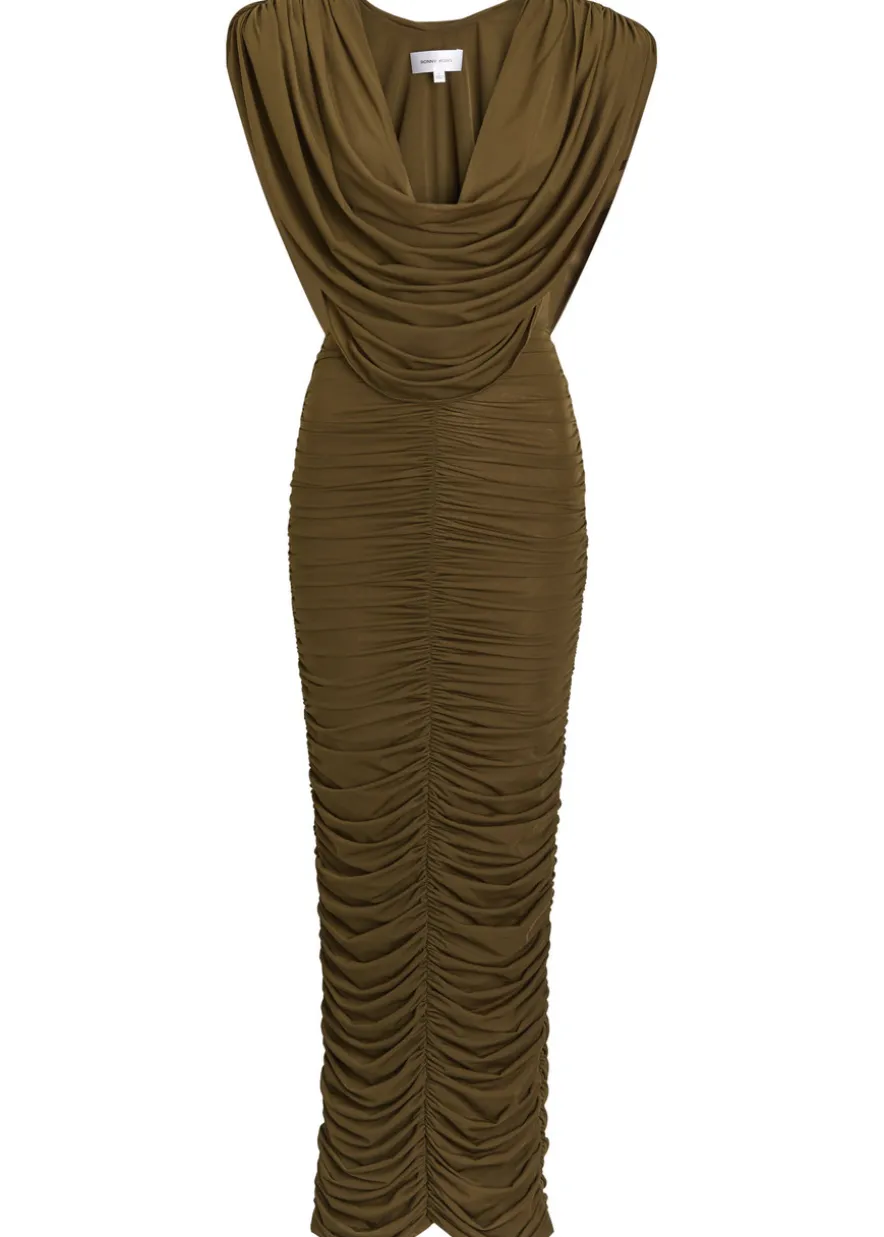 Parish cowl-neck ruched stretch-mesh midi dress
