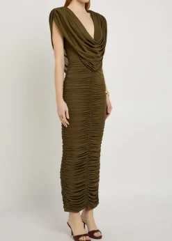 Parish cowl-neck ruched stretch-mesh midi dress