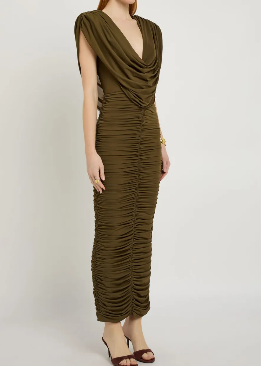 Parish cowl-neck ruched stretch-mesh midi dress