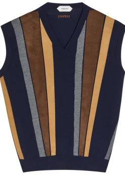 Patchwork fine-knit wool and suede vest