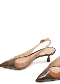Patent leather and PVC slingback pumps