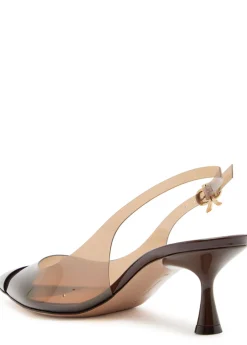 Patent leather and PVC slingback pumps