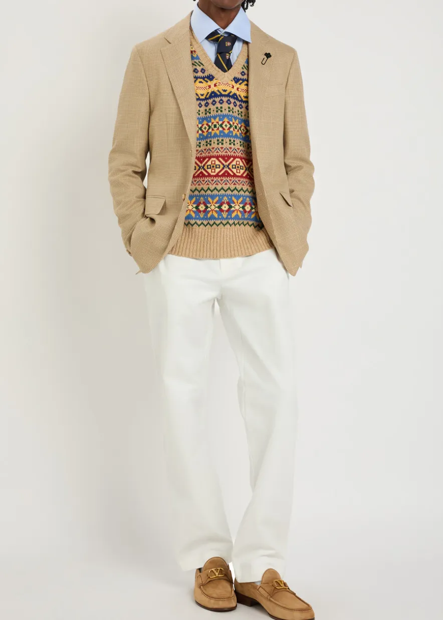 Patterned intarsia linen and cotton-blend vest