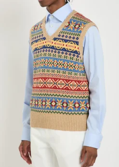 Patterned intarsia linen and cotton-blend vest