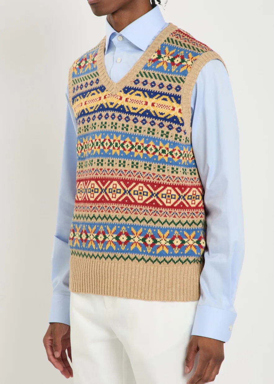 Patterned intarsia linen and cotton-blend vest