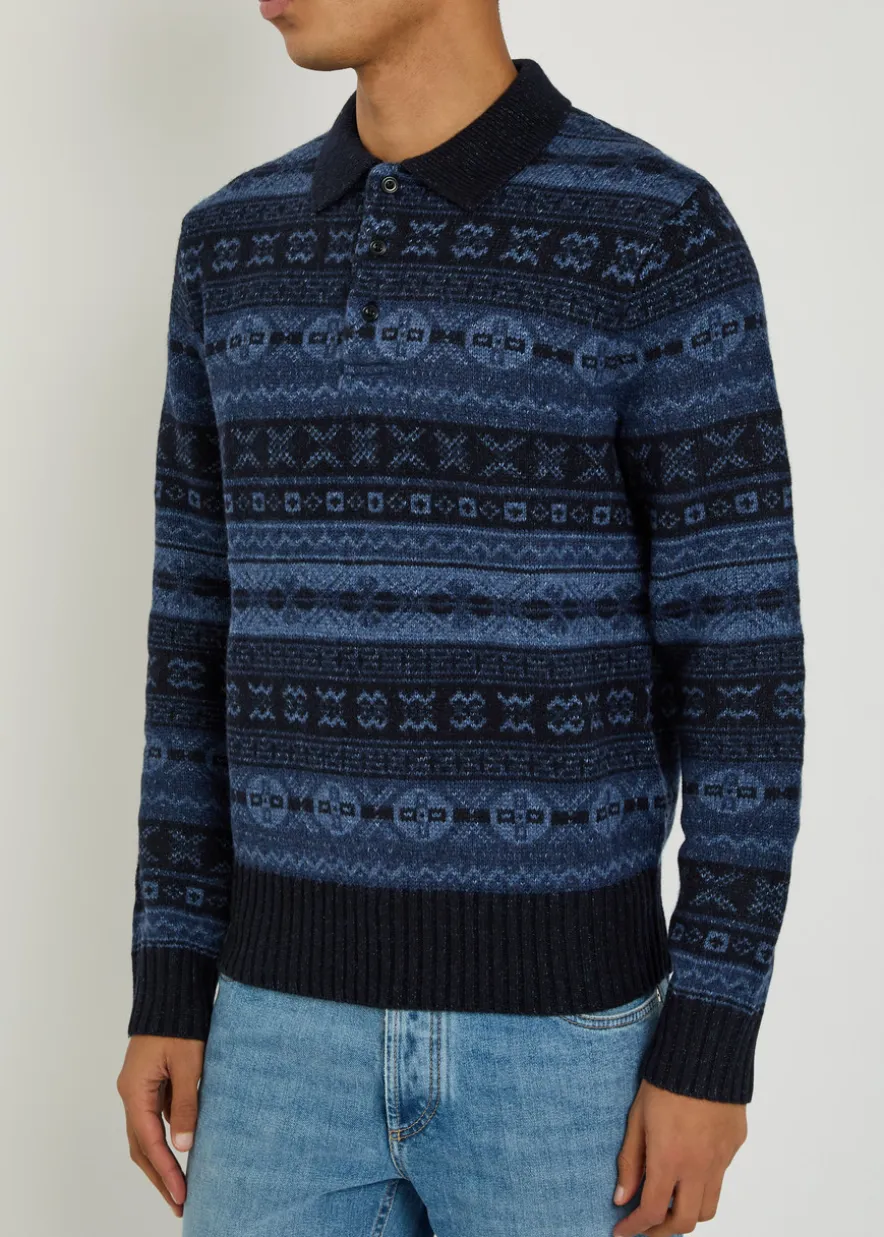 Patterned-intarsia wool-blend polo shirt