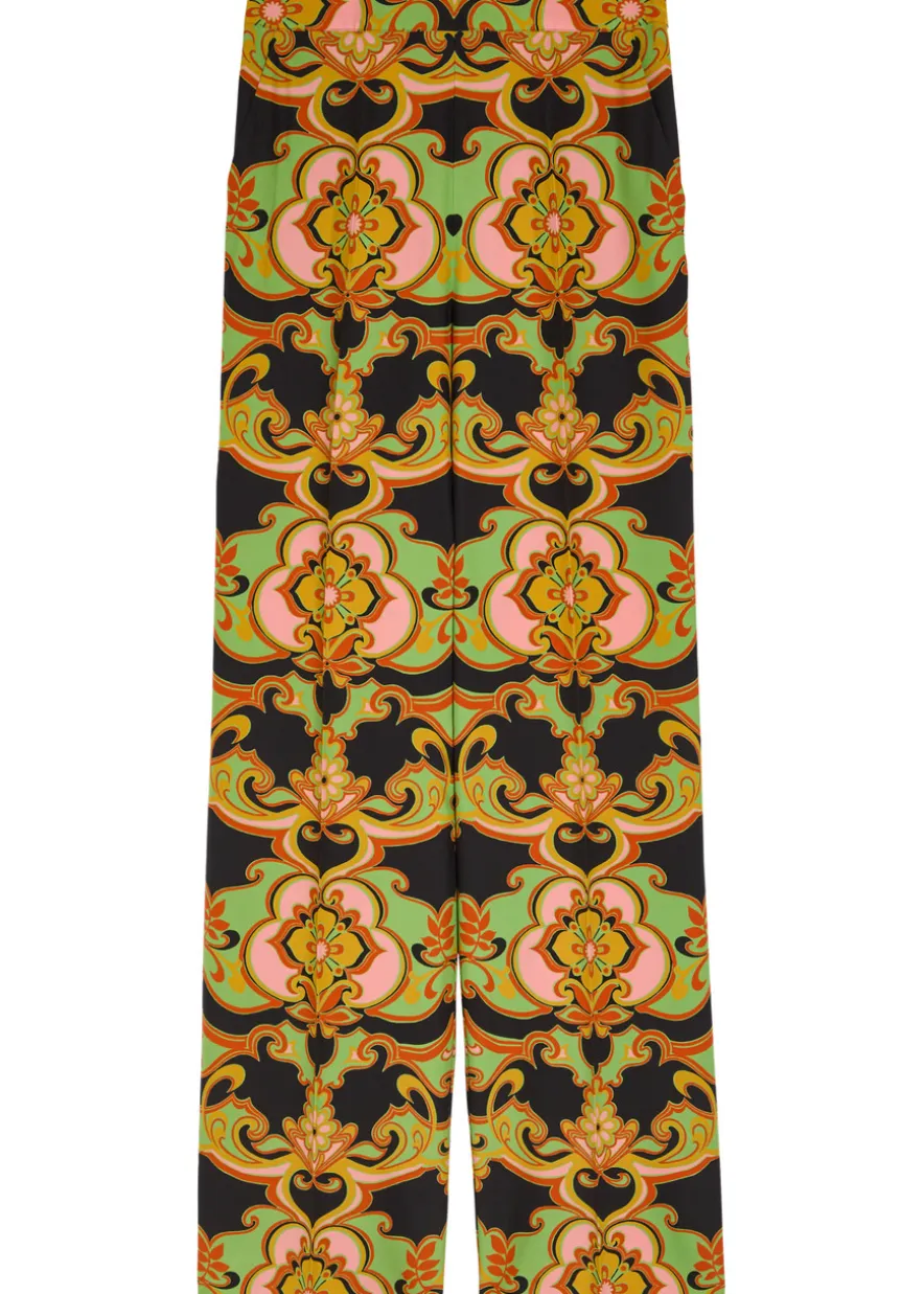 Patterned straight-leg silk trousers