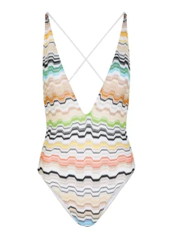 Patterned V-neck fine-knit swimsuit