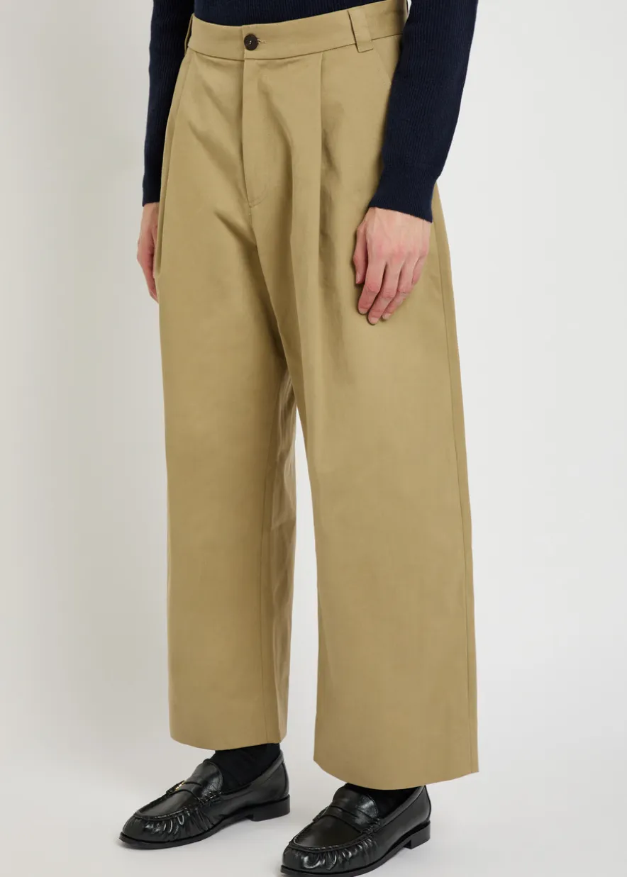 Peached pleated wide-leg cotton-twill trousers