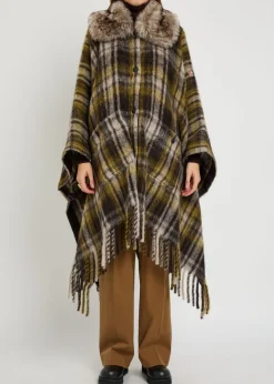Plaid brushed wool-blend cape