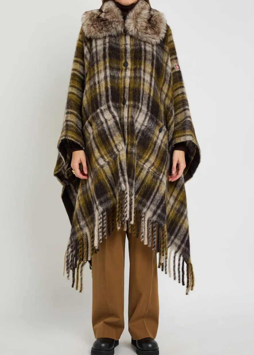 Plaid brushed wool-blend cape