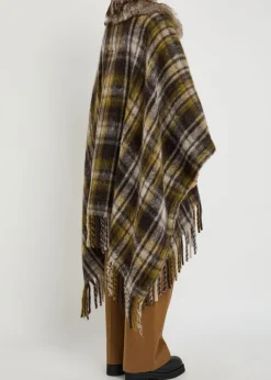 Plaid brushed wool-blend cape