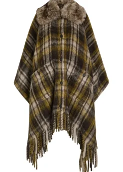 Plaid brushed wool-blend cape
