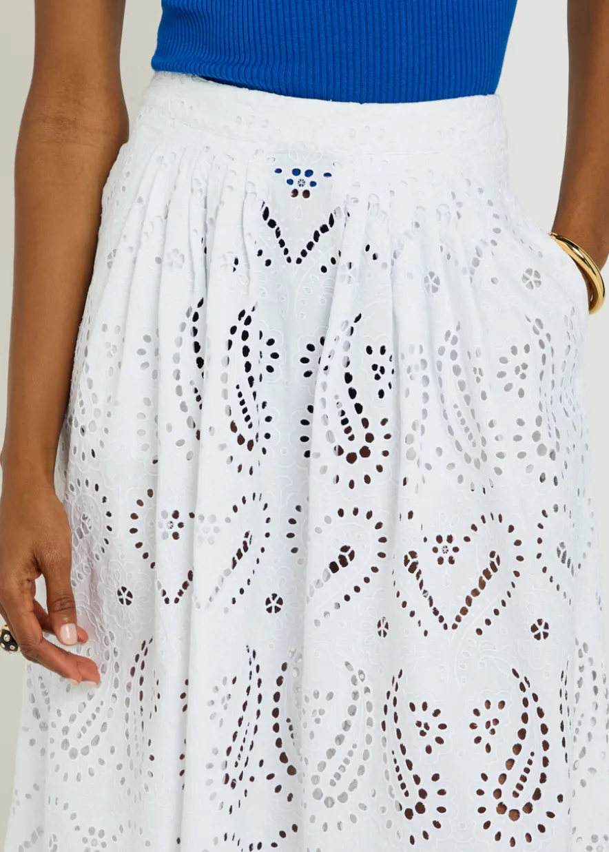 Pleated embroidered cotton-blend midi skirt
