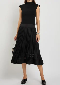Pleated lace-insert woven midi skirt