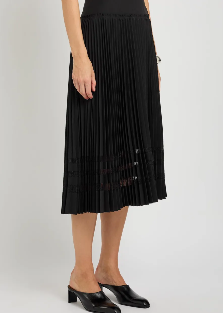 Pleated lace-insert woven midi skirt