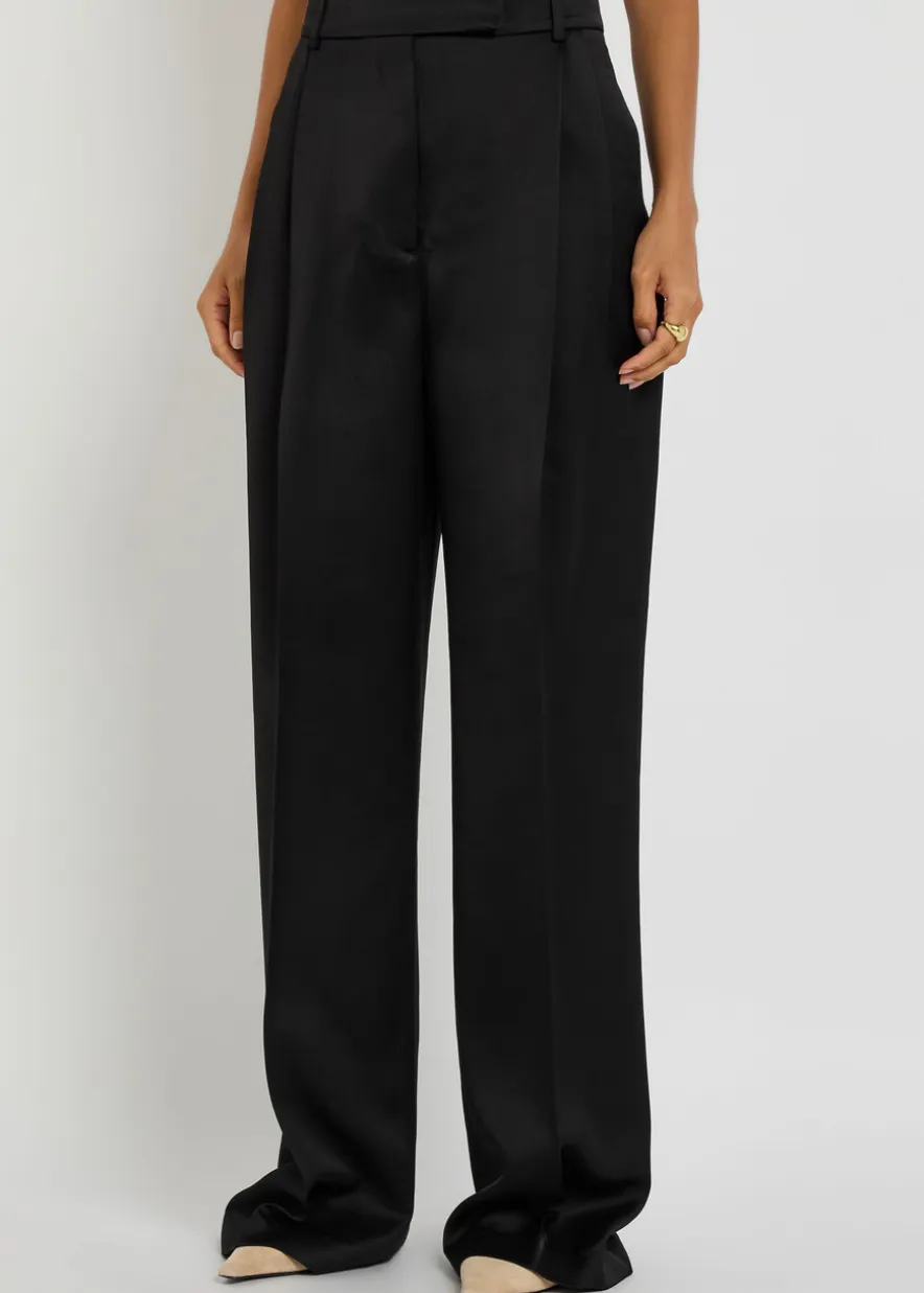 Pleated straight-leg satin trousers