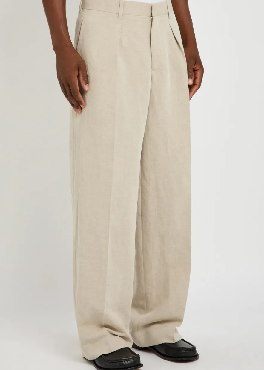 Pleated wide-leg linen-blend trousers