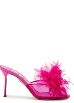 Poeme 85 appliquéd mesh and satin peep-toe mules