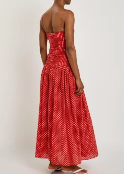 Polka dot gathered cotton-blend midi dress