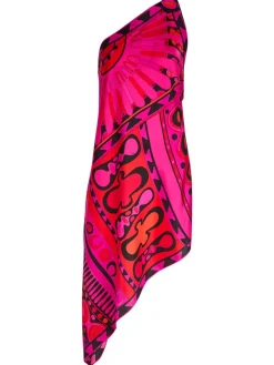 Printed asymmetric silk-twill midi dress