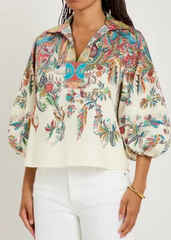 Printed balloon-sleeve cotton-poplin top