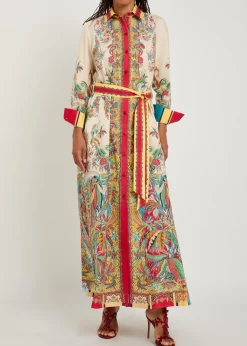 Printed belted cotton-poplin midi shirt dress