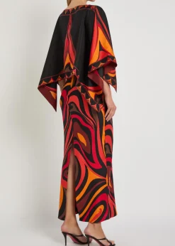 Printed cape-effect silk maxi dress