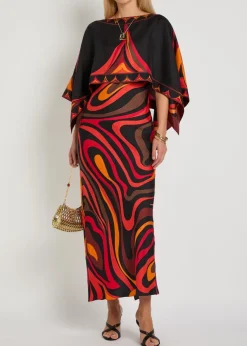 Printed cape-effect silk maxi dress
