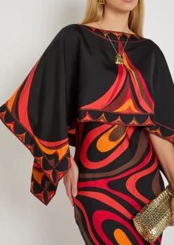 Printed cape-effect silk maxi dress