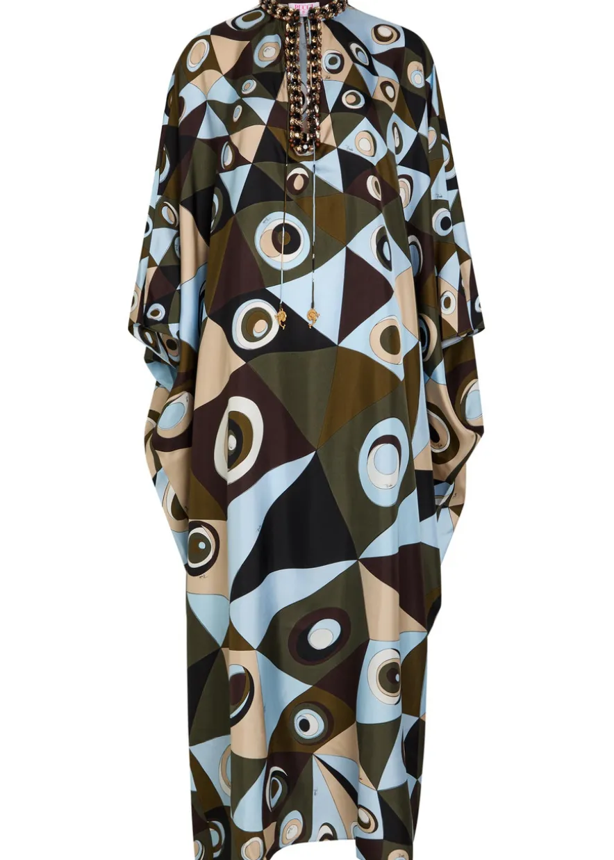 Printed crystal-embellished silk maxi kaftan dress