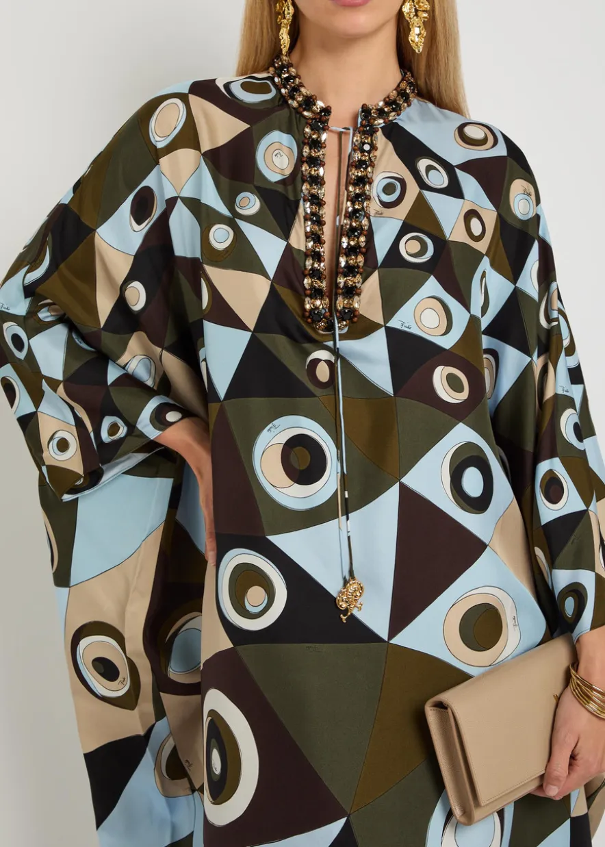 Printed crystal-embellished silk maxi kaftan dress