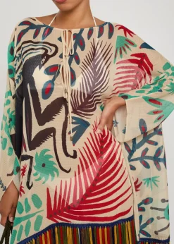 Printed fringed sheer seersucker cover-up